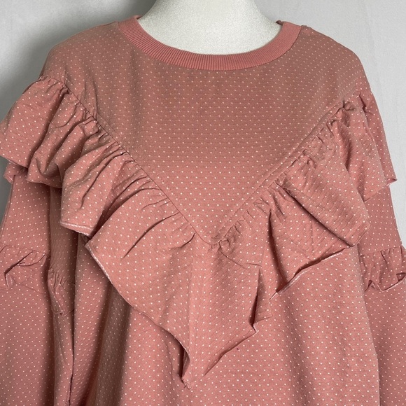NWT Easel Pink Polka Dot Ruffle Sweatshirt Size Large Crewneck Cottagecore Boho - Picture 2 of 10